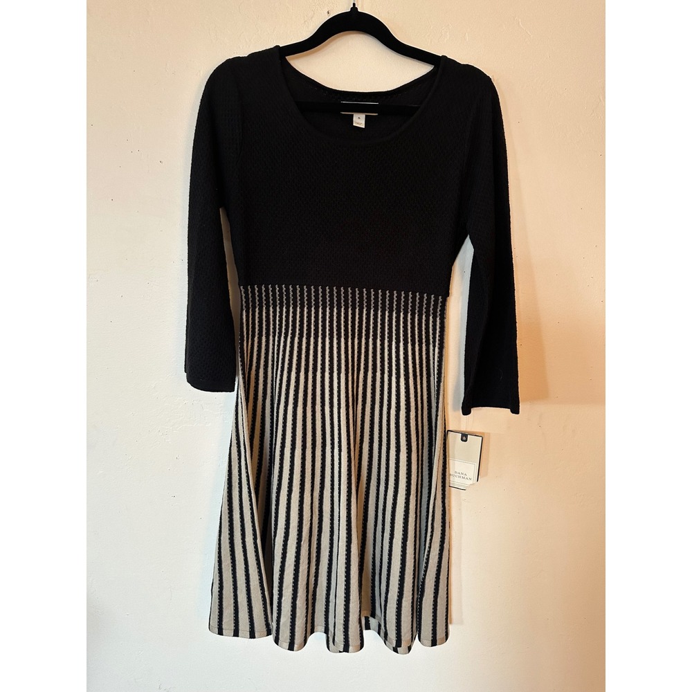 Dana Buchman Womens Black Striped Fit and Flare Sweater Dress Long Sleeve Small
